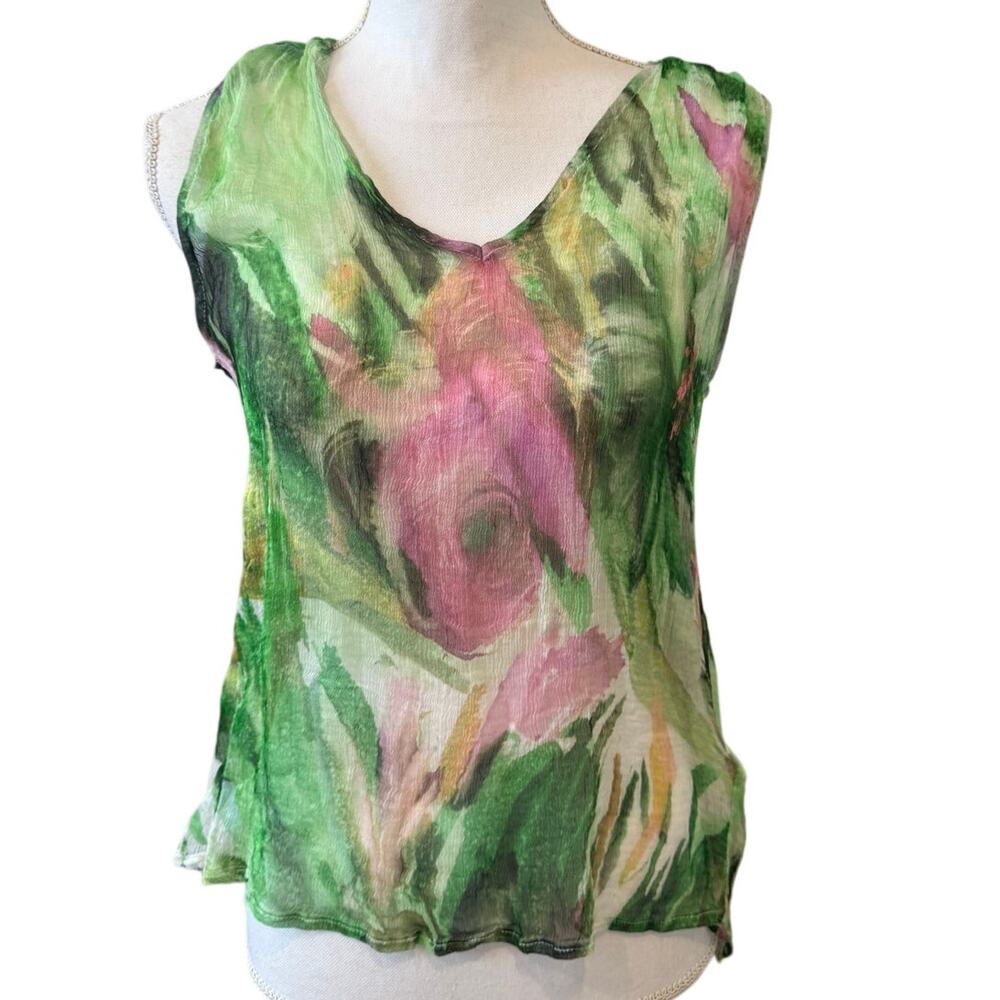 Christina Gavioli Silk Chiffon Tank Top Green Watercolor Print 12